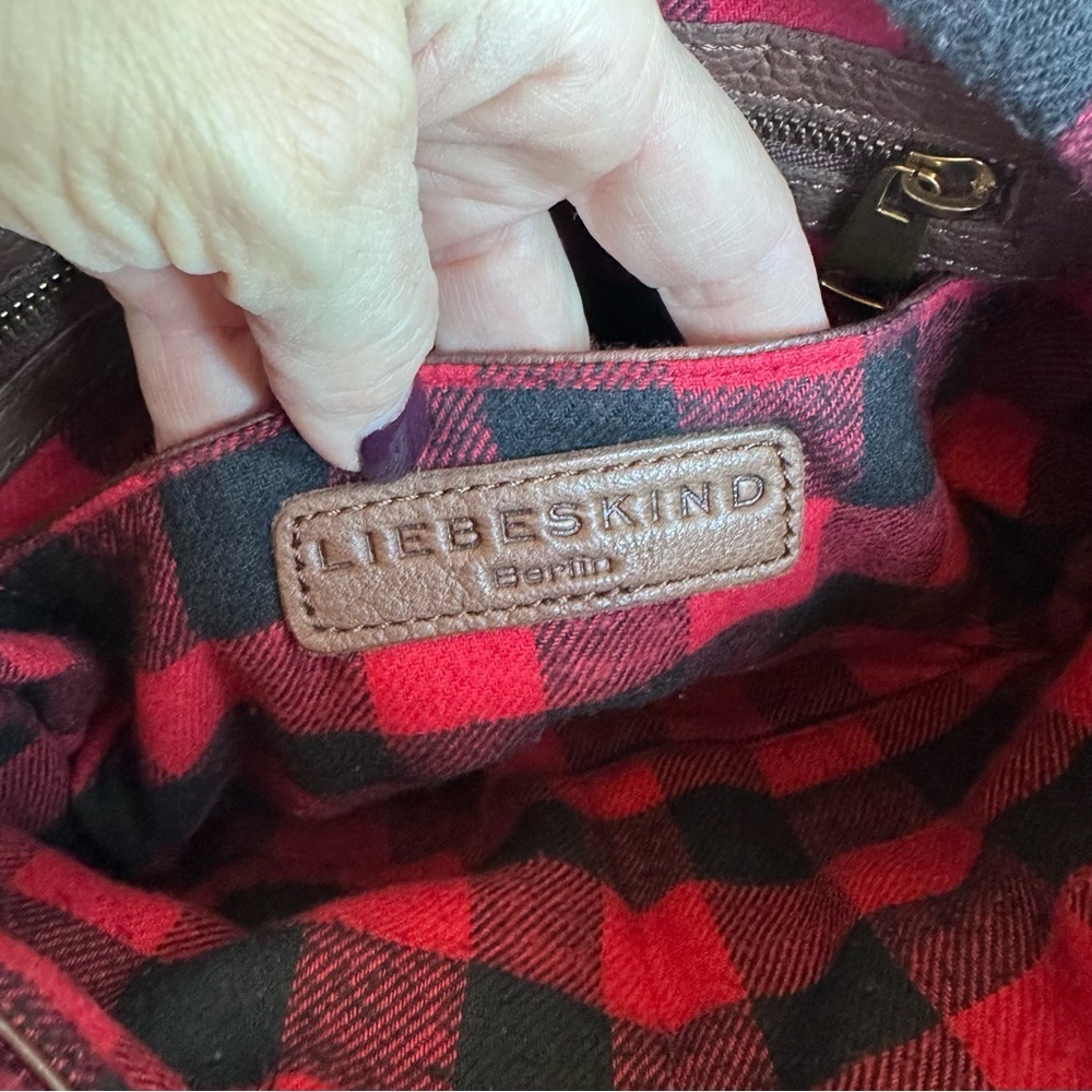 Liebeskind Berlin Brown Leather Buffalo Plaid Lining Slouchy Hobo Crossbody​​ - Picture 4 of 6